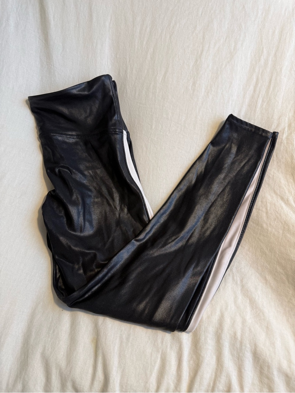 SPANX Black Leggings - faux leather with white stripes on legs